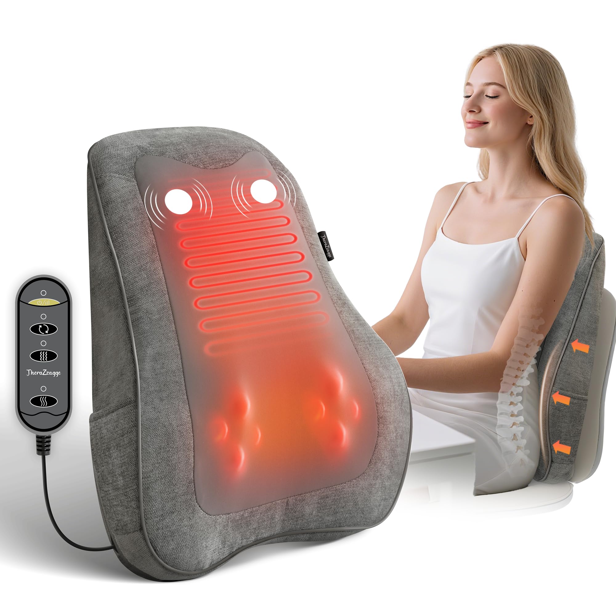 THERAZZAGGE back massager with 8 shiatsu nodes for deep kneading on neck and back.