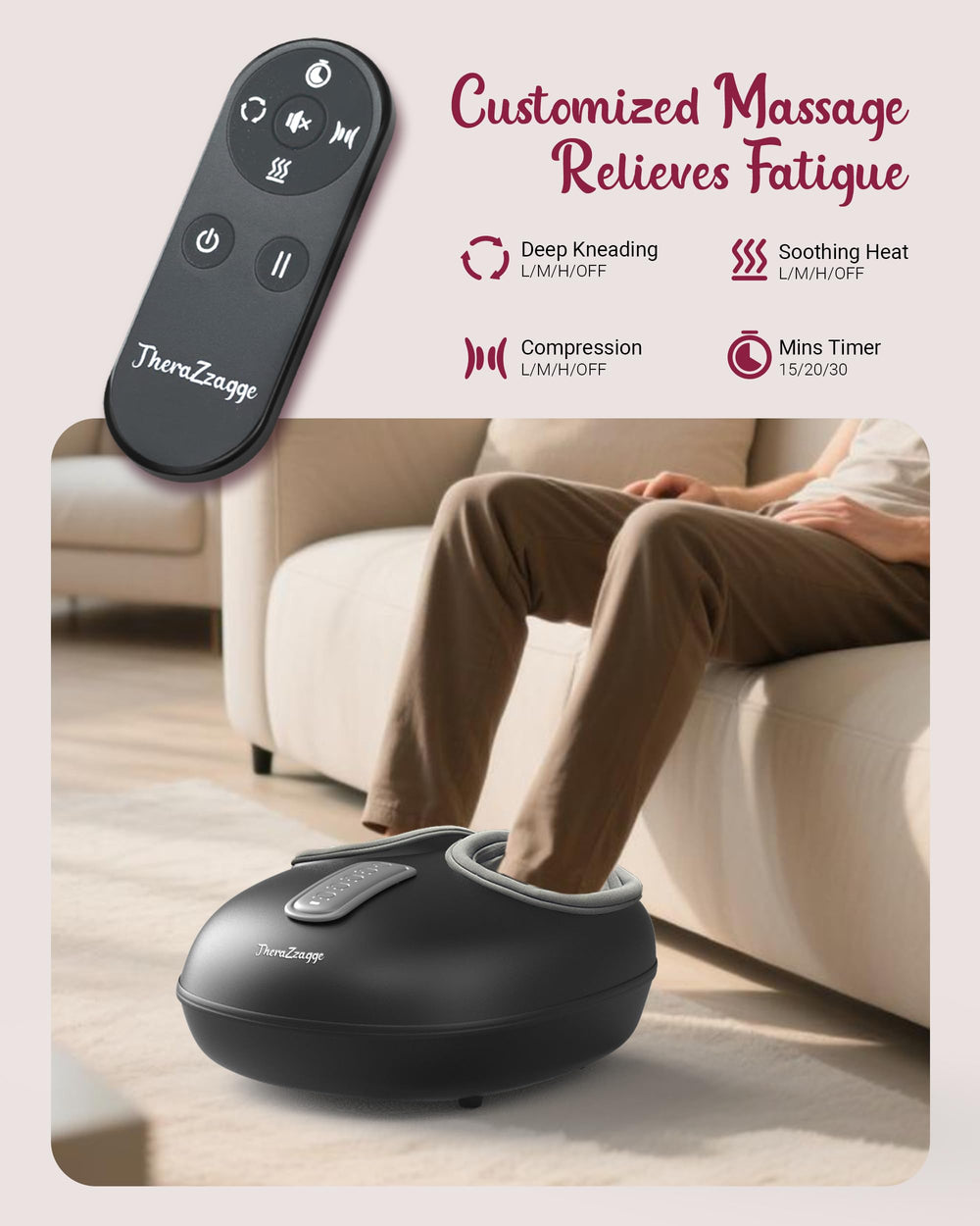 THERAZZAGGE foot massager remote control for easy adjustments from seating.