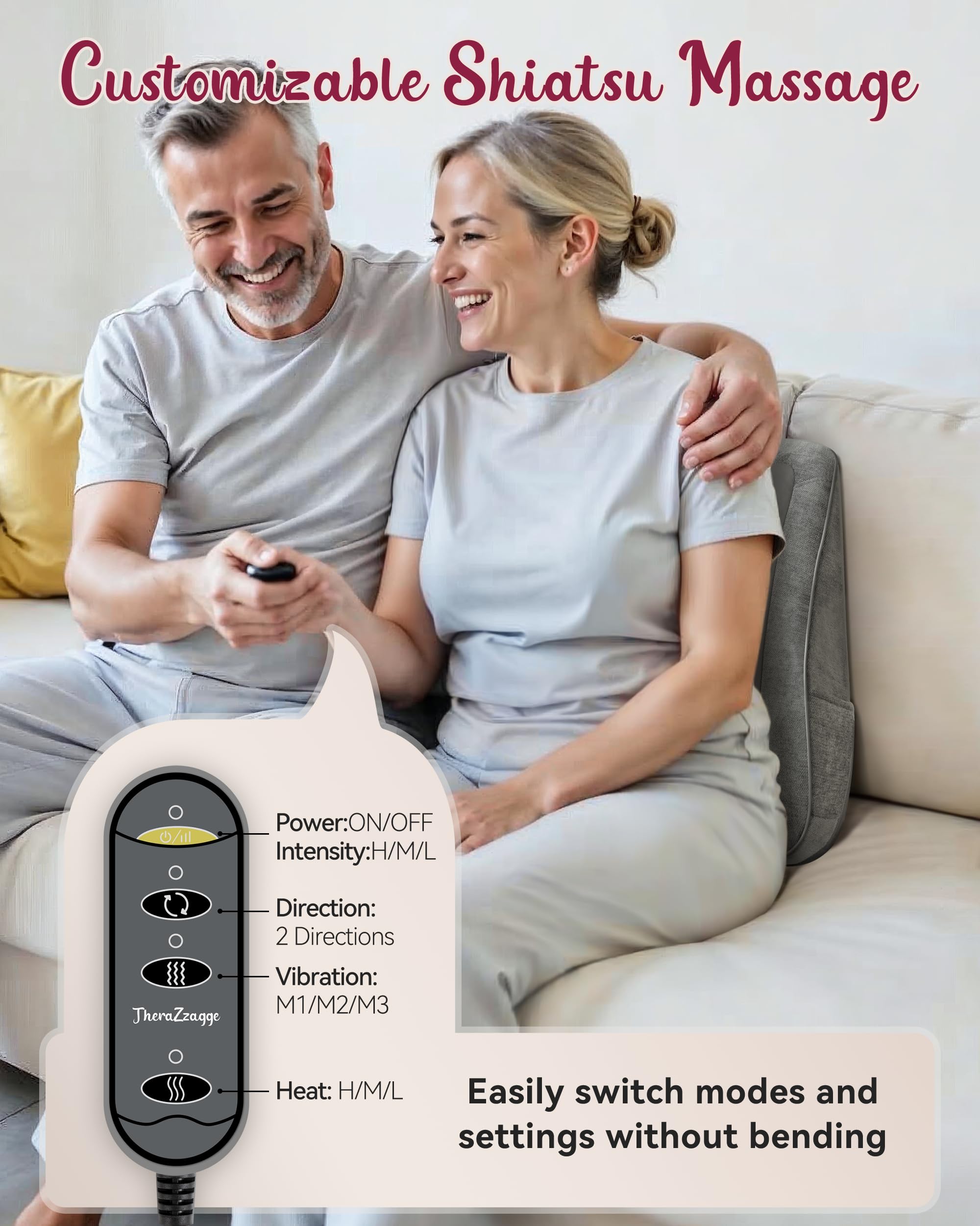 THERAZZAGGE massager shown on a sofa for home relaxation.