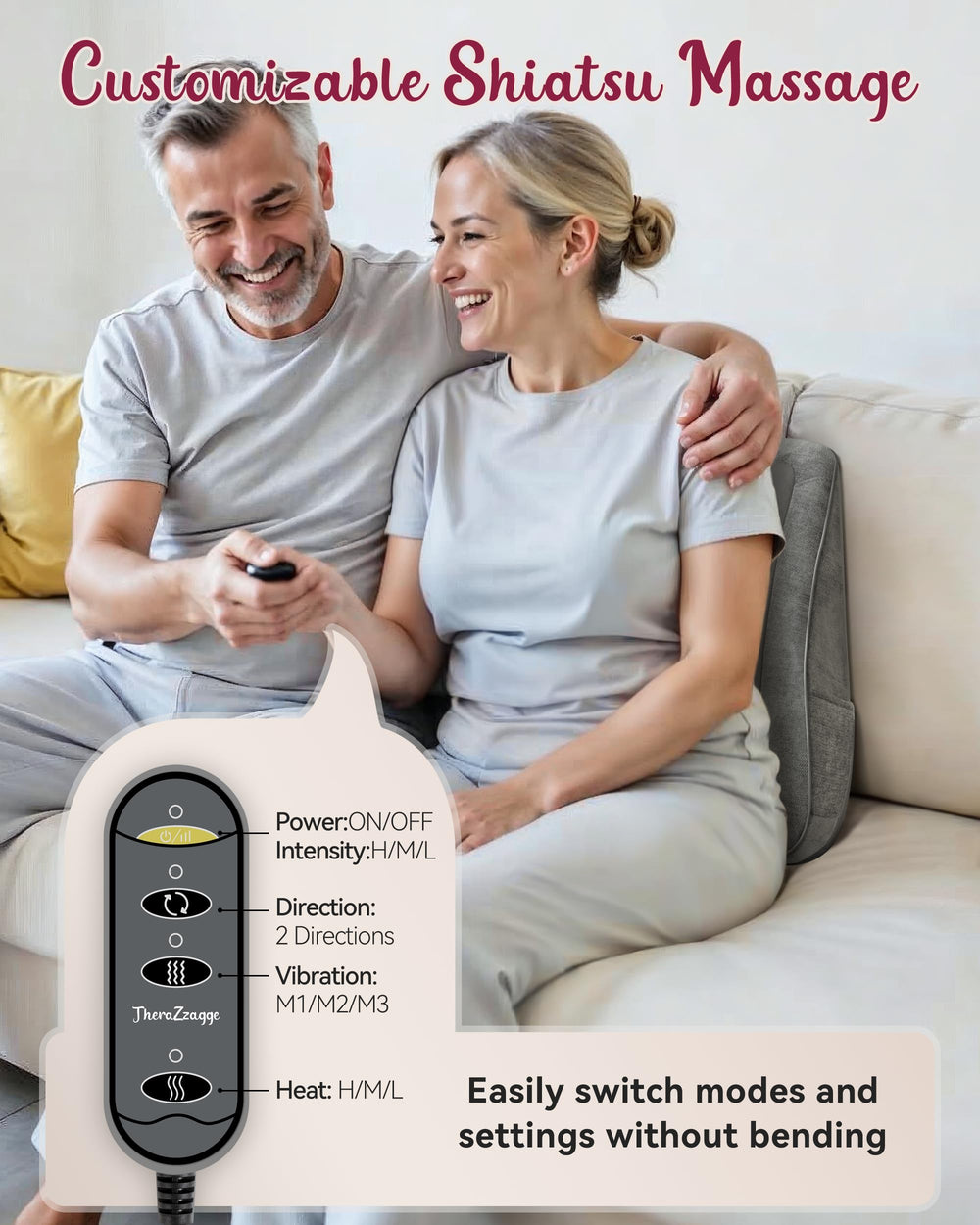THERAZZAGGE massager shown on a sofa for home relaxation.
