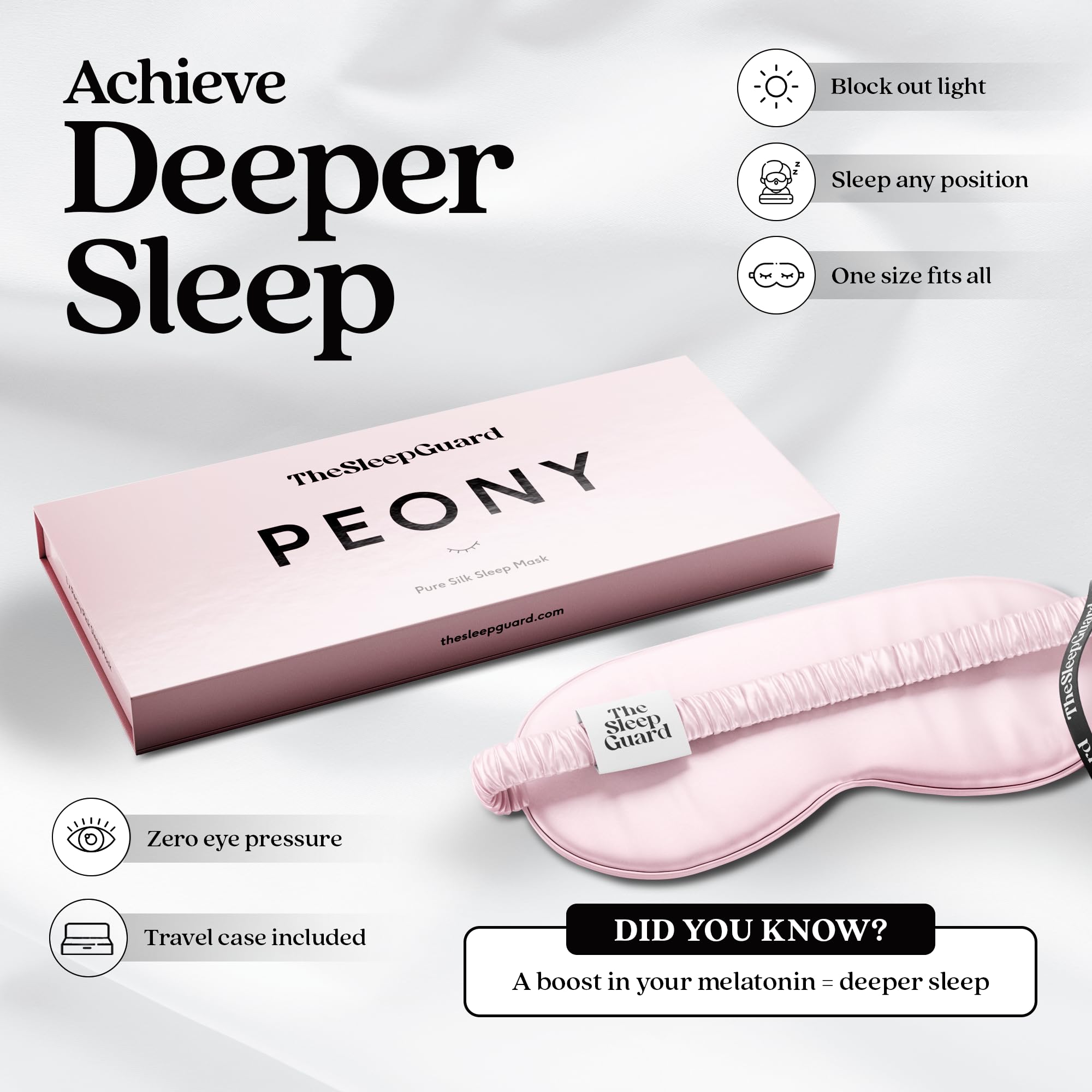 TheSleepGuard pink silk mask reduces friction for refreshed mornings.