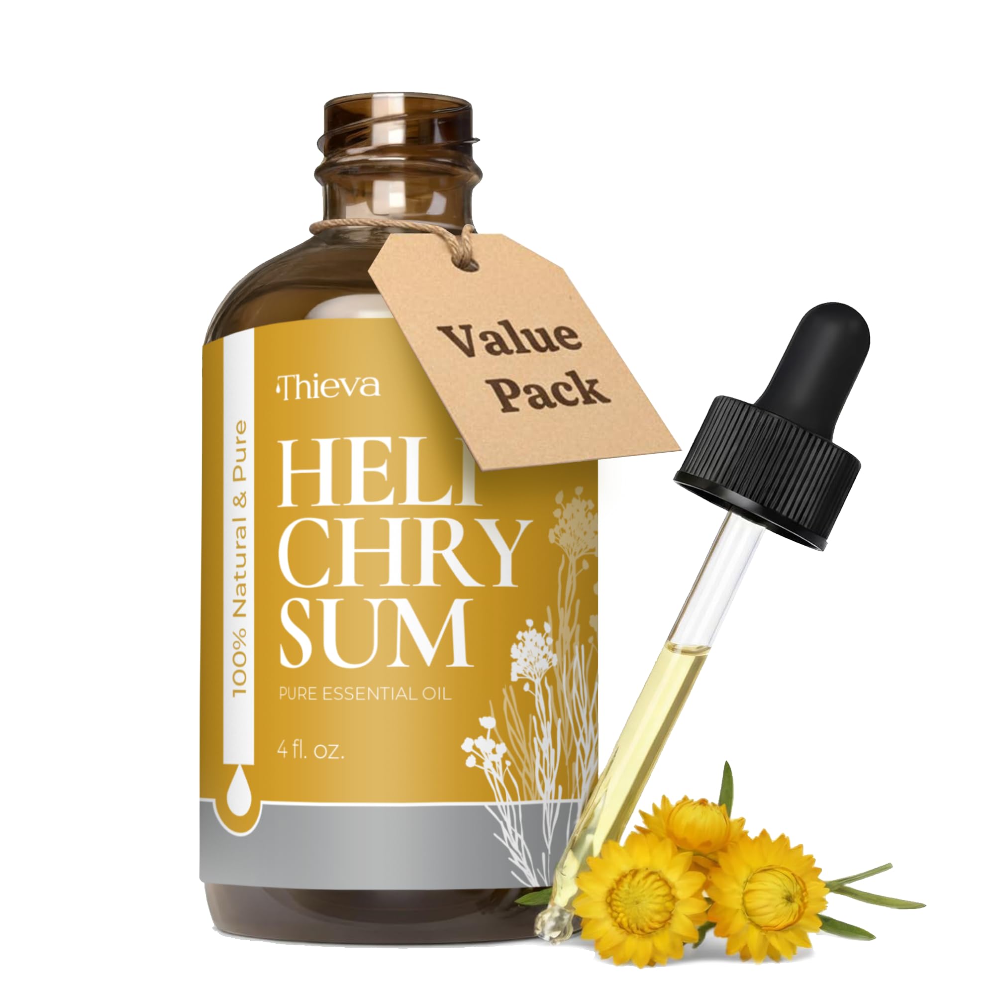 THIEVA Helichrysum oil bottle pour for daily aromatherapy and focused calm.