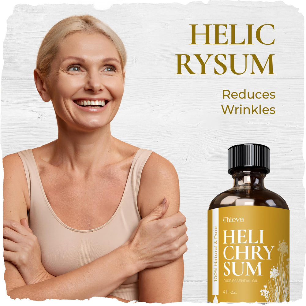 THIEVA Helichrysum oil clarity-top-note highlights fresh aroma for focus.