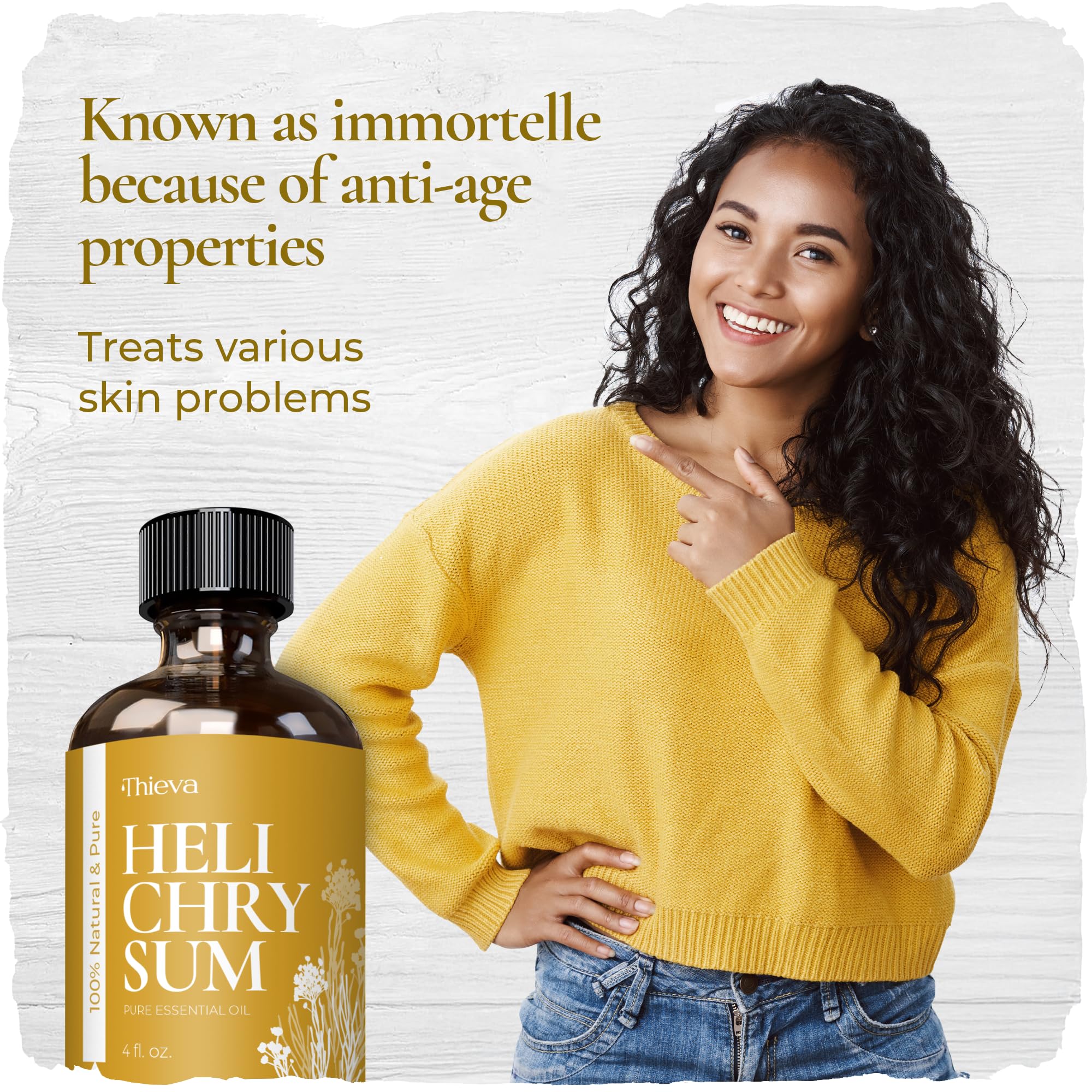 THIEVA Helichrysum oil Madagascar-origin bottle emphasizes sustainable sourcing.