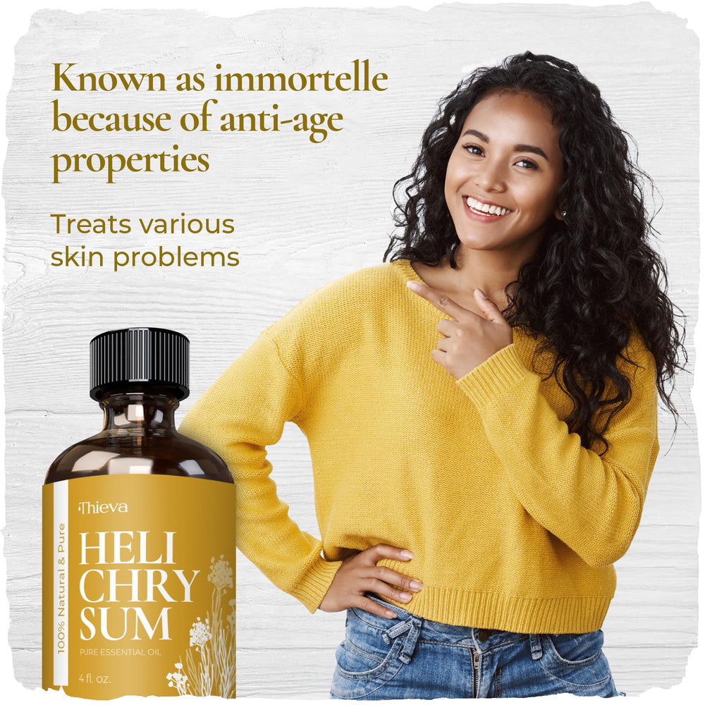 THIEVA Helichrysum oil Madagascar-origin bottle emphasizes sustainable sourcing.