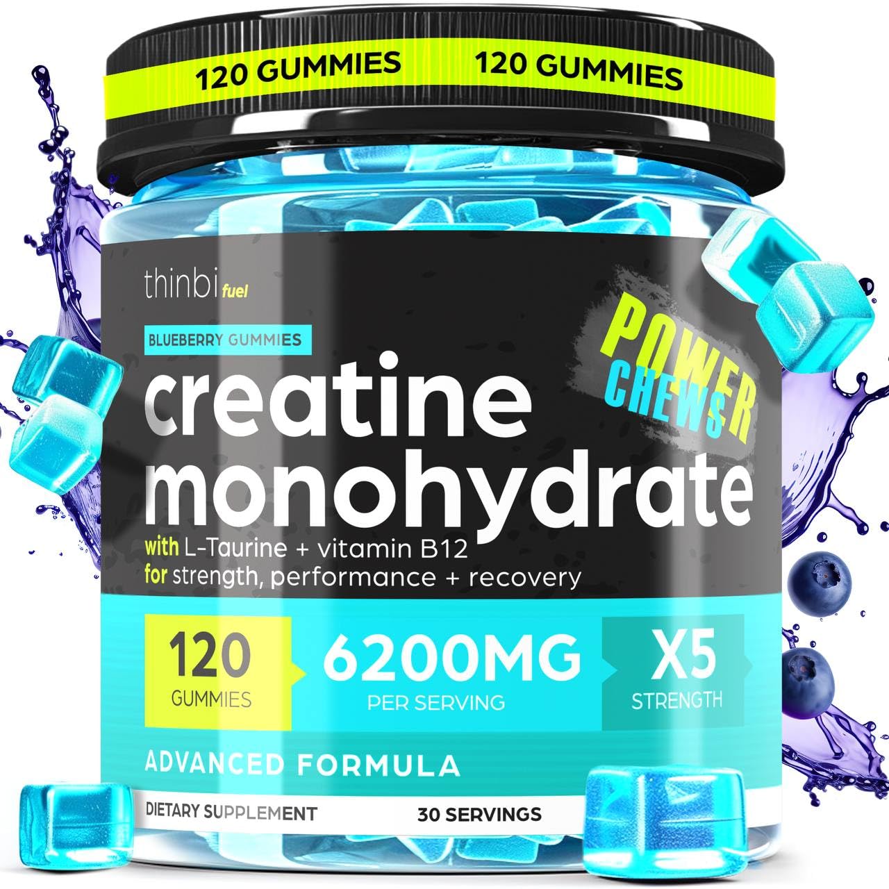 Thinbi Creatine Monohydrate Gummies bottle front showing on-the-go energy support