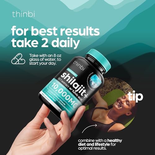 Thinbi Pure Himalayan Shilajit capsules stacked in a 90-count bottle for a 45-day supply.
