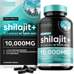Thinbi Pure Himalayan Shilajit capsules bottle with label for daily energy support.