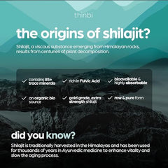 Thinbi Pure Himalayan Shilajit capsules label close-up highlighting purity.