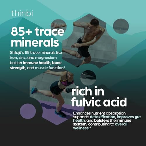 Thinbi Pure Himalayan Shilajit capsules origin mountains backdrop indicates high-altitude sourcing.