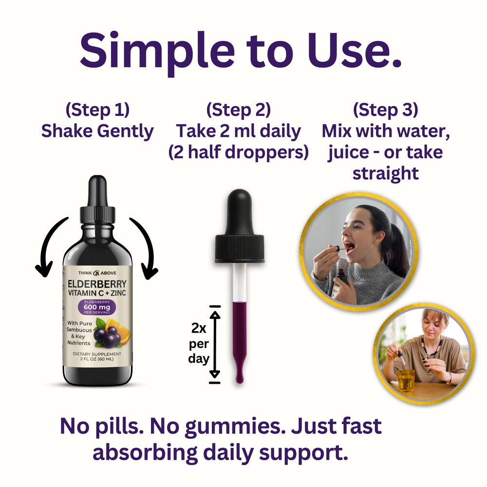 Think Above Elderberry Drops glass bottle 2 oz emphasizes purity and freshness.