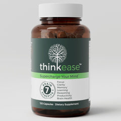 ThinkEase brain supplement bottle front for focused study.