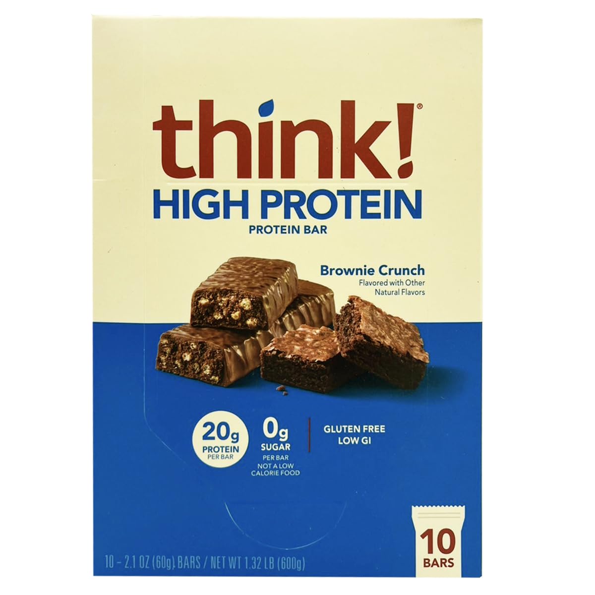 ThinkThin Brownie Crunch bar pack—gluten-free, high-protein snack for on-the-go energy.