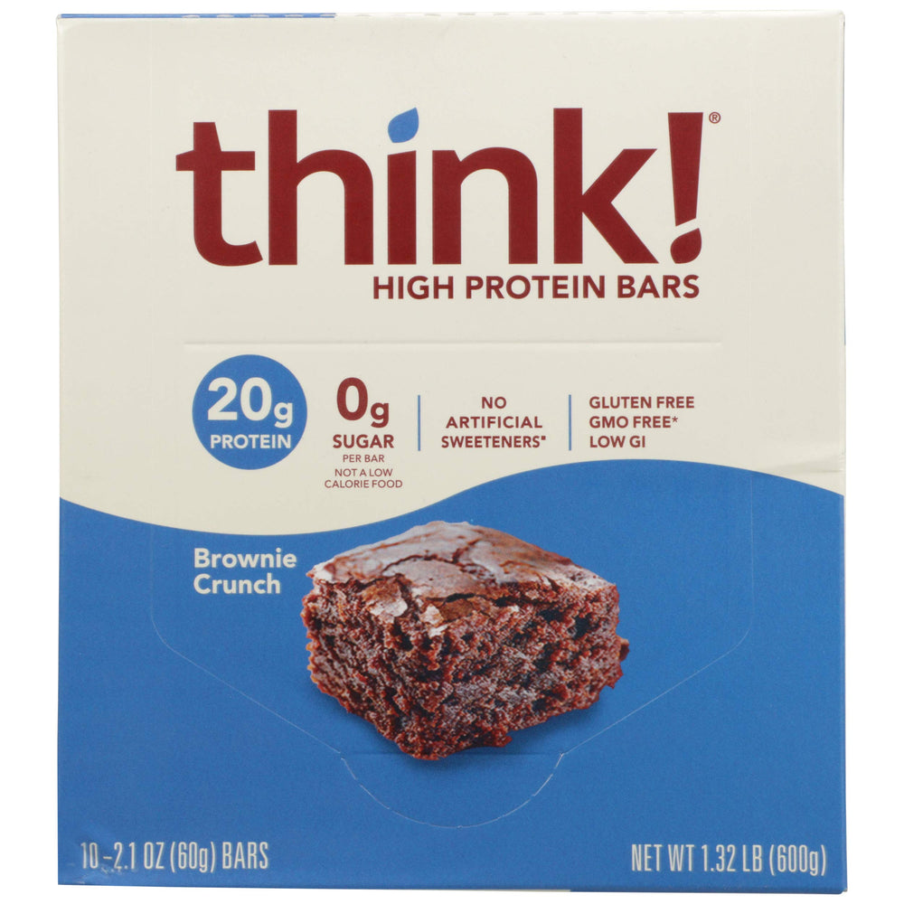 thinkThin brownie crunch box front shows gluten-free, high protein snack