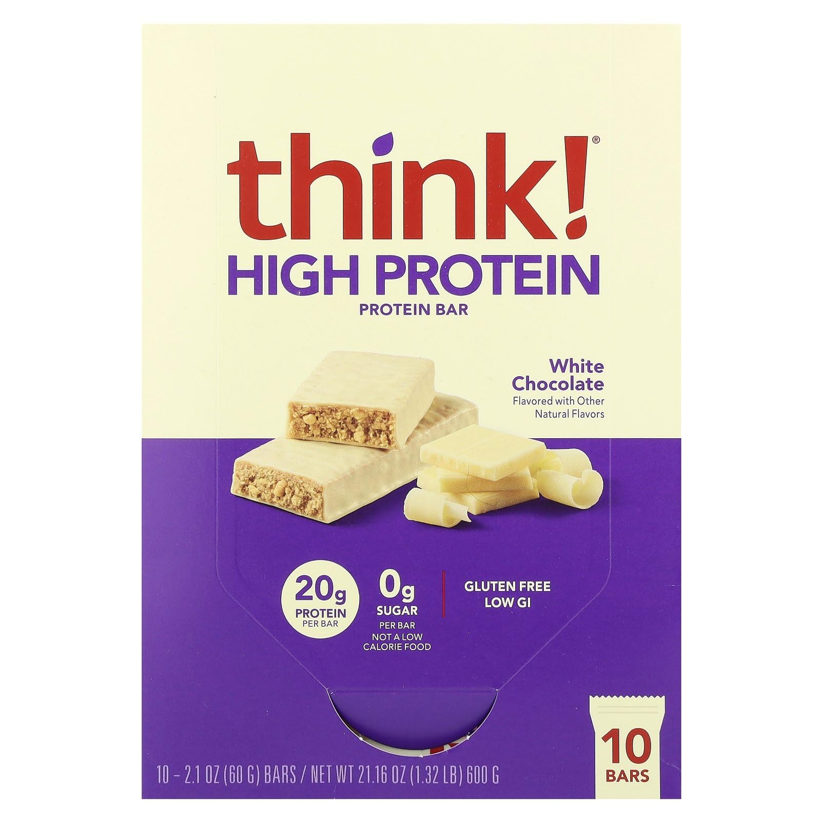 thinkThin white chocolate high-protein bar packaging for on-the-go fuel