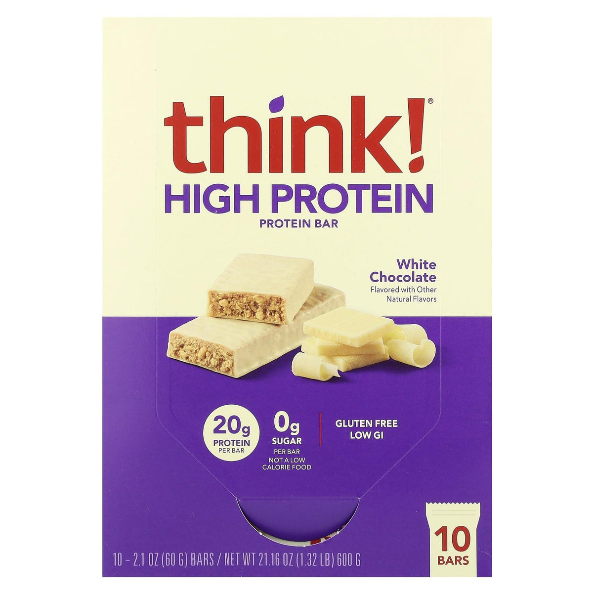 thinkThin white chocolate high-protein bar packaging for on-the-go fuel