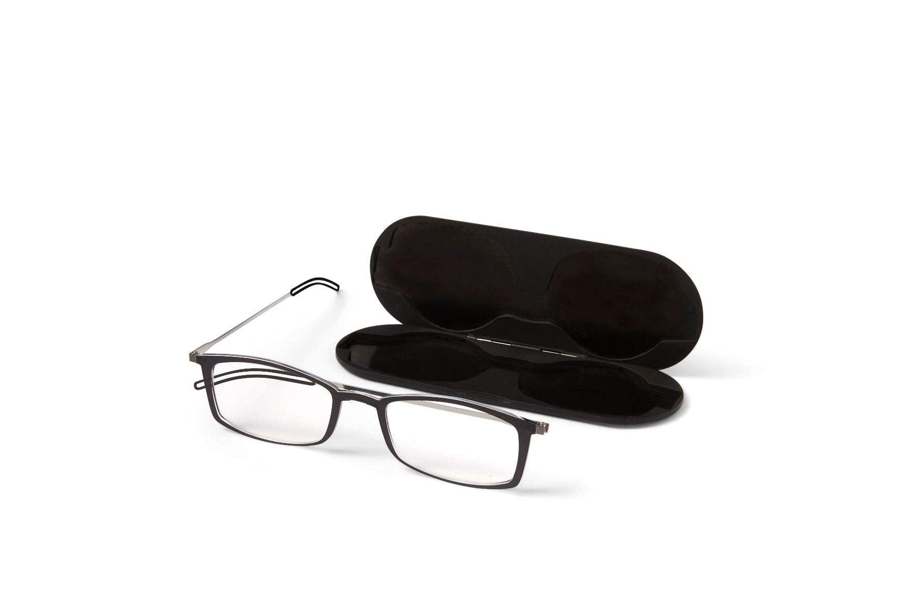 ThinOptics Frontpage reading glasses with a black rectangle frame, ultra-light for everyday reading.