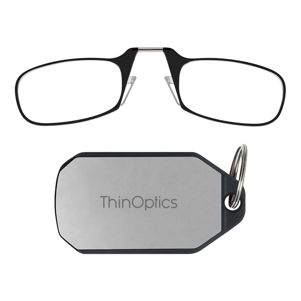 ThinOptics on-nose readers with case on keychain for easy reach and travel readiness.