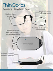 ThinOptics On-Nose rectangular lenses in durable polycarbonate for daily use.