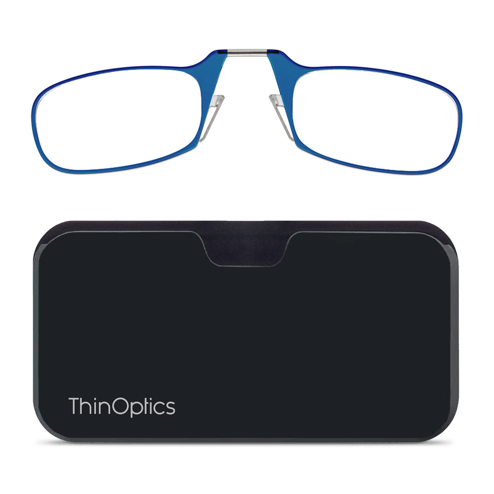 ThinOptics blue-frame reading glasses with 2.50 magnification, ultra-portable for on-the-go use.