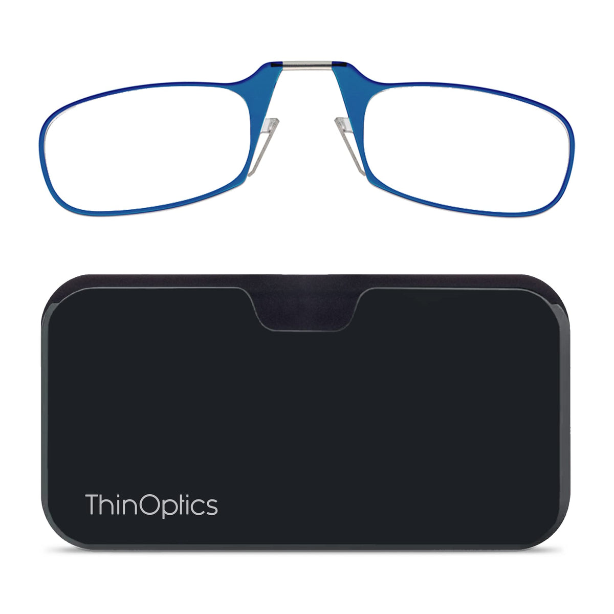 ThinOptics blue-frame reading glasses with 2.50 magnification, ultra-portable for on-the-go use.