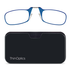 ThinOptics blue-frame reading glasses with 2.50 magnification, ultra-portable for on-the-go use.