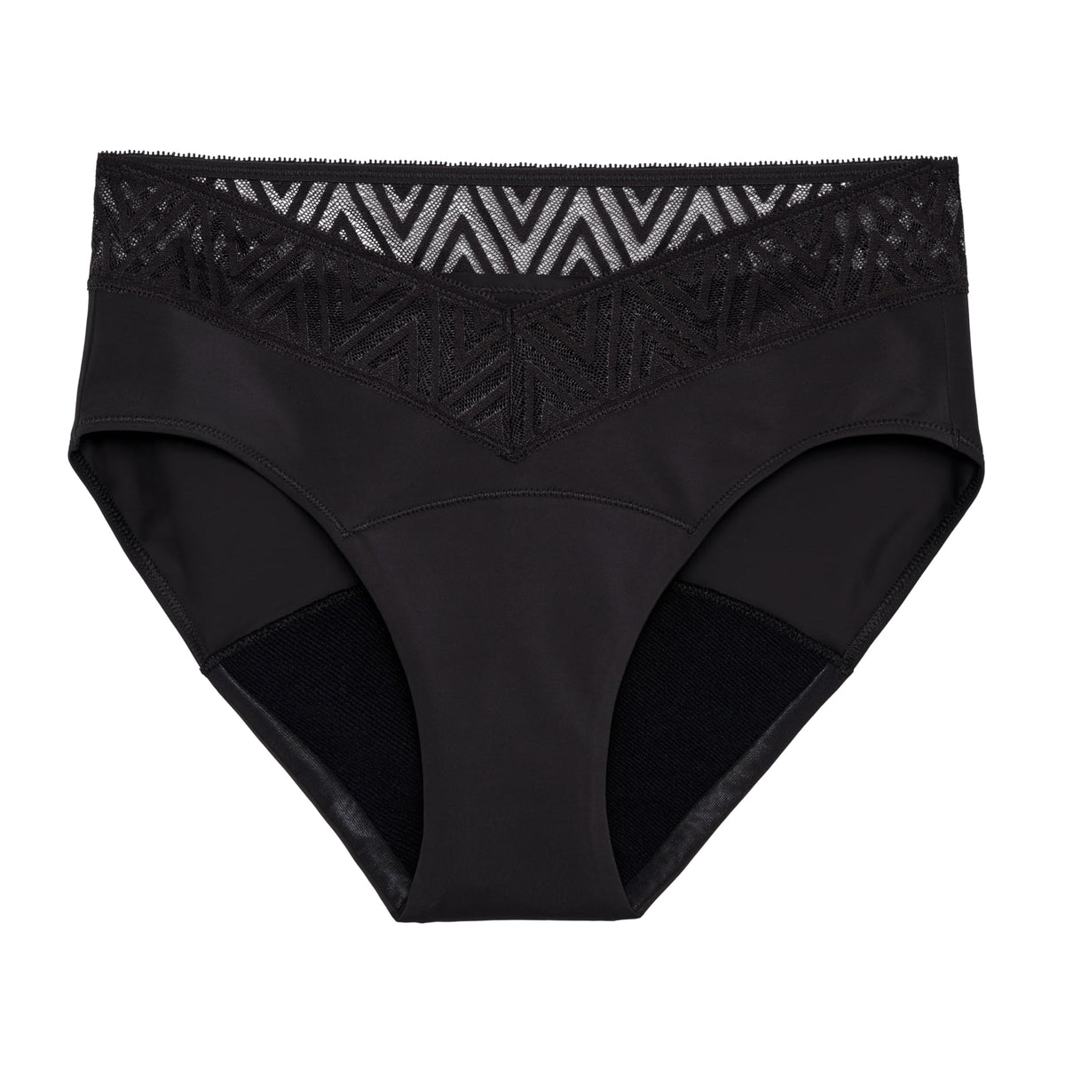 THINX comfort-stretch hip huggers in black lace, secure day-long protection during your period
