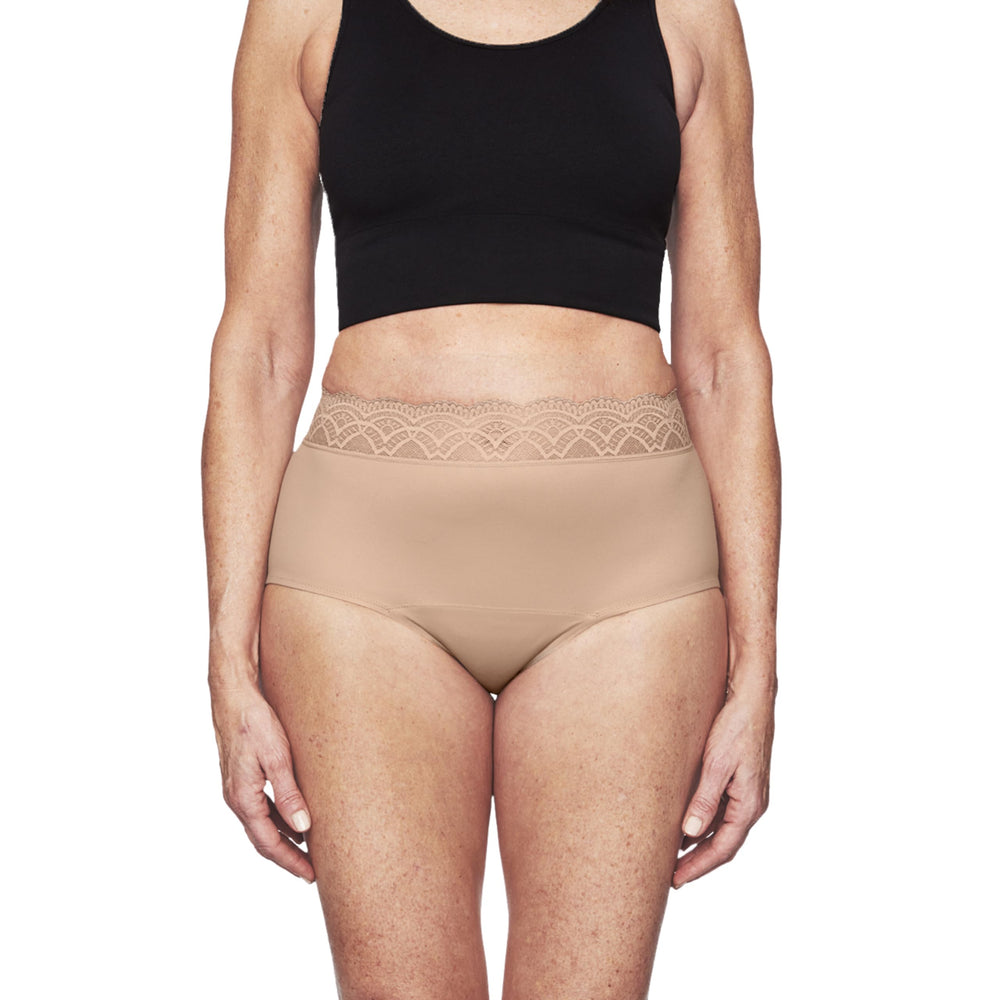 Thinx For All Leaks hi-waist underwear side profile showing flexible fit.