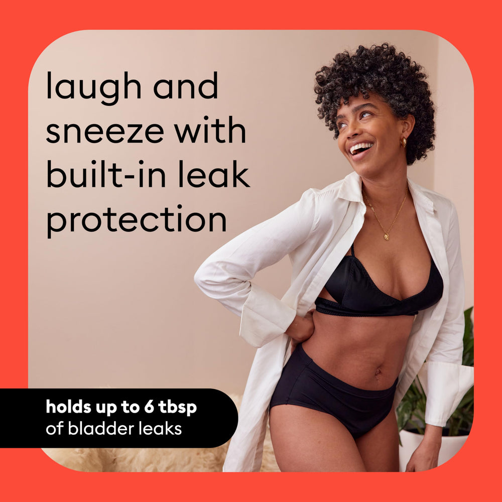 Beige flatlay of Thinx For All Leaks hip-hugger underwear beside packaging.