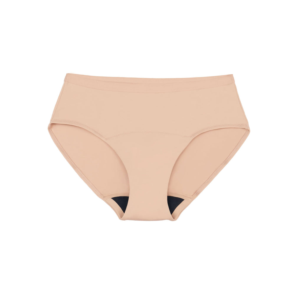 Thinx For All Leaks hip-hugger underwear beige pack shot offers discreet protection.