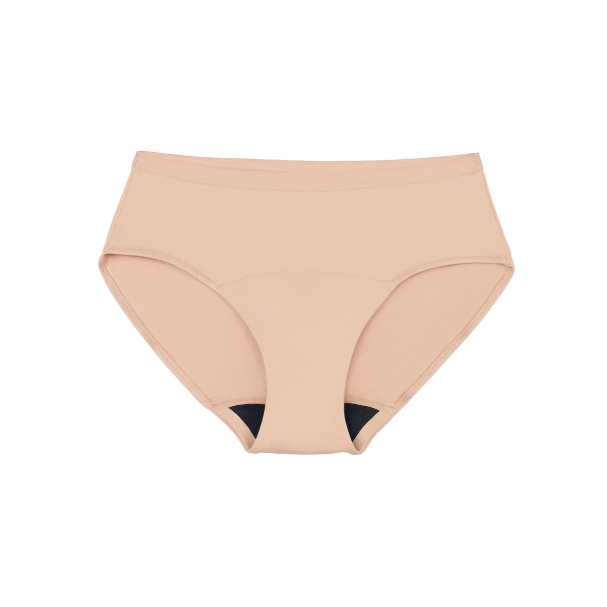 Thinx For All Leaks hip-hugger underwear beige pack shot offers discreet protection.