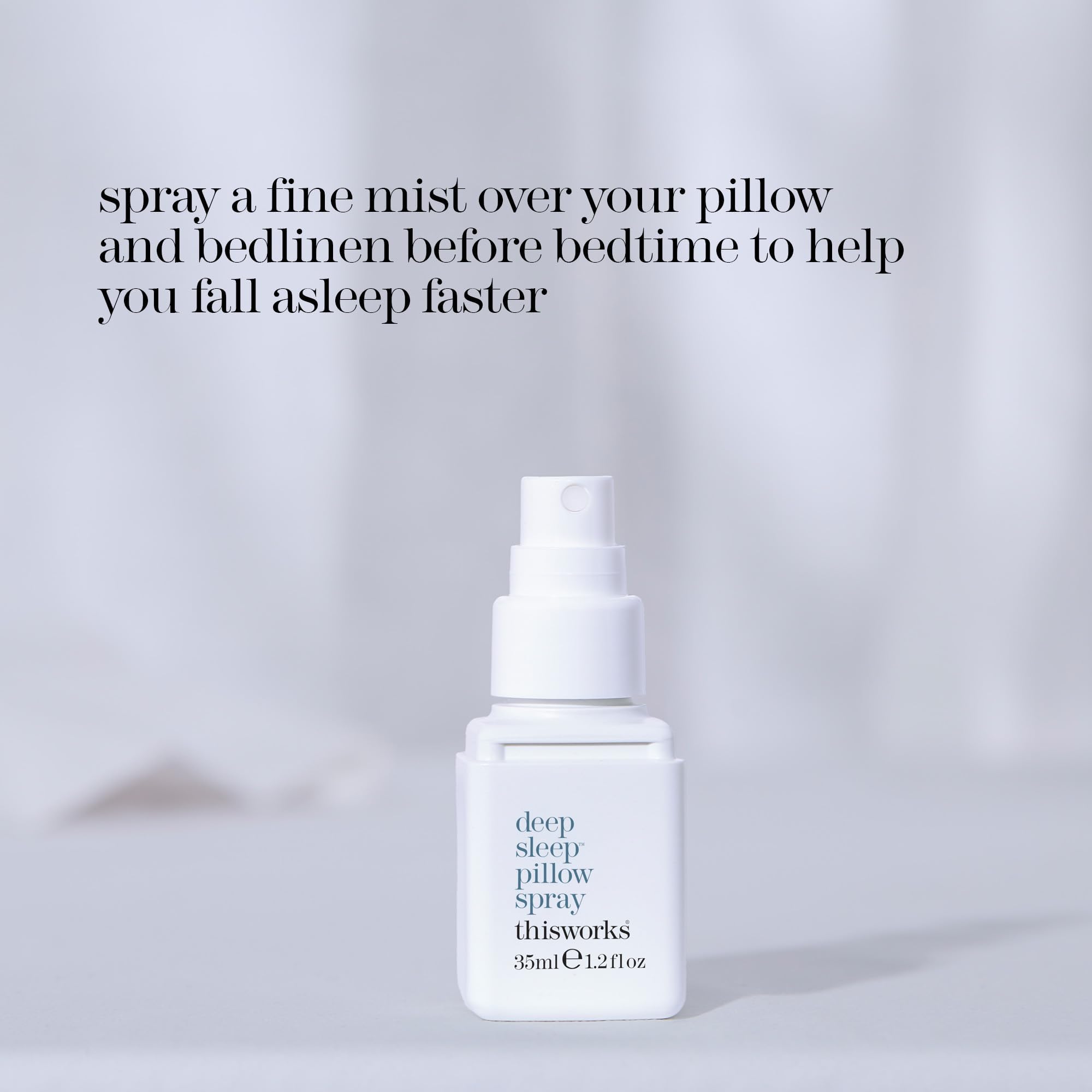 THISWORKS Deep Sleep Pillow Spray on bed linen creates a serene sleep-ready atmosphere.