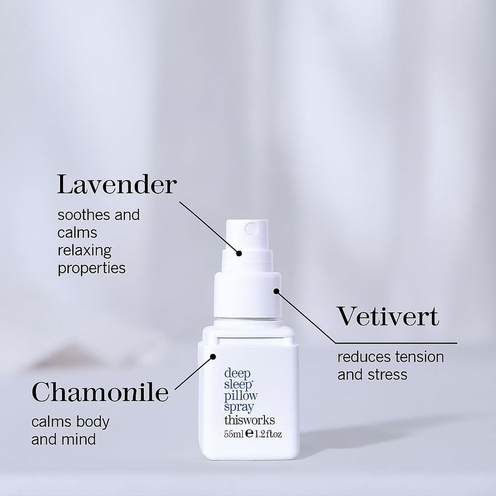 THISWORKS Deep Sleep Vetivert Chamomile blend setting a restful night atmosphere.