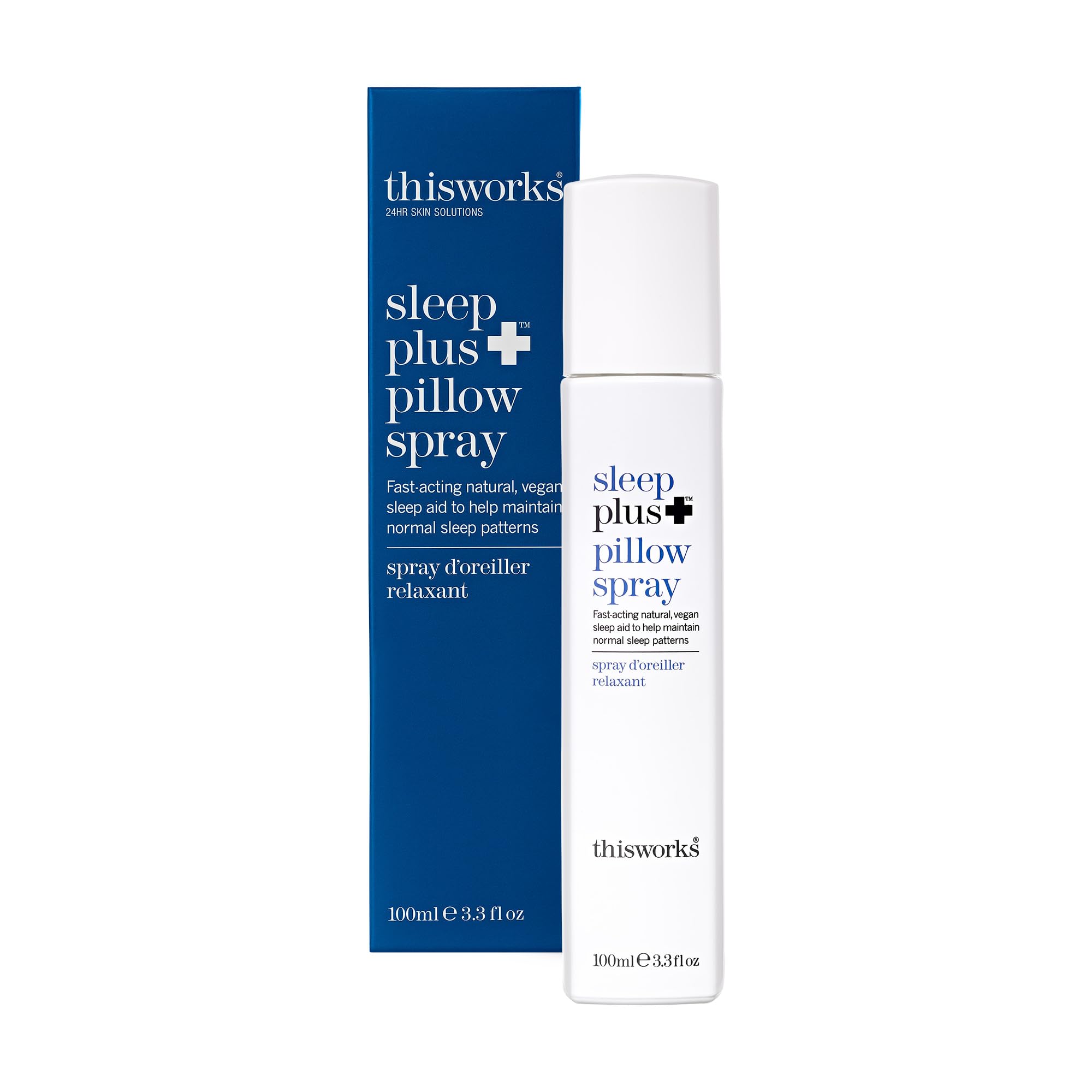 THISWORKS Sleep Plus Pillow Spray bottle on nightstand promotes calm bedtime routines