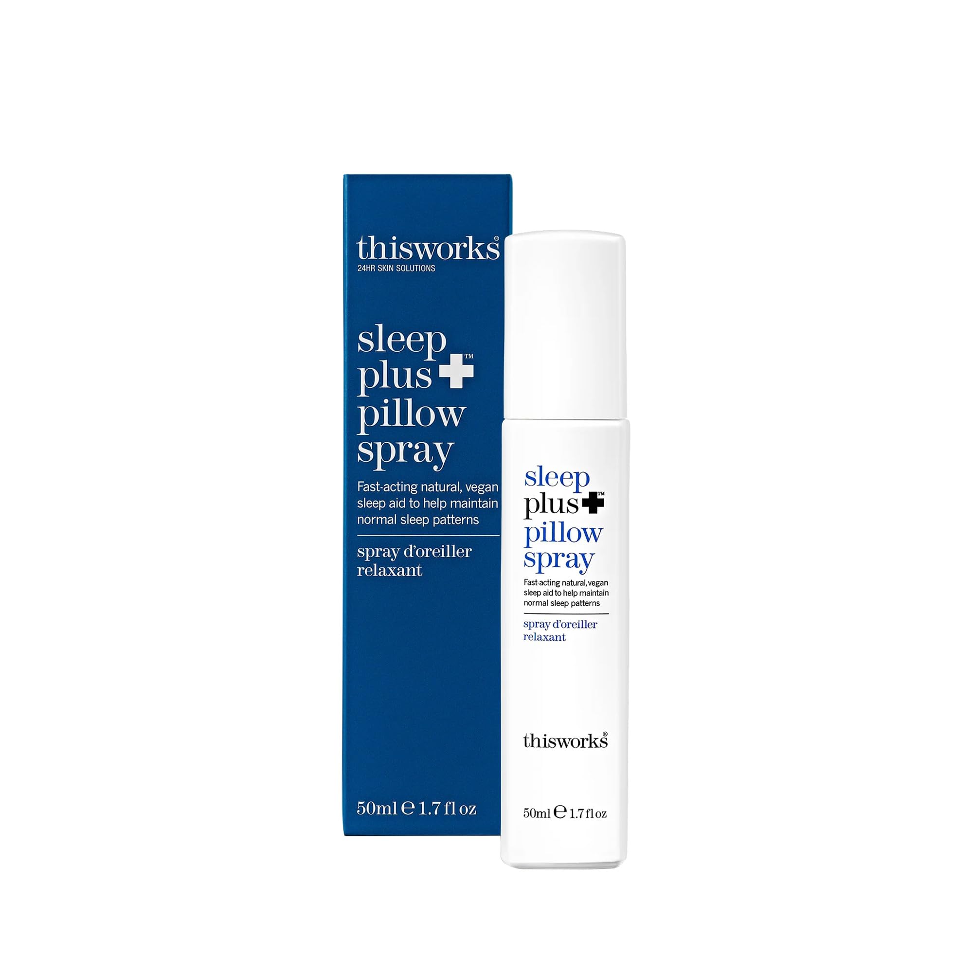 This Works Sleep Plus Pillow Spray bottle on nightstand promotes relaxation before sleep.