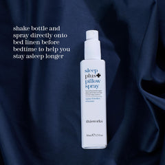 This Works Sleep Plus Pillow Spray packaging emphasizes travel-friendly 50 ml bottle and simple use.