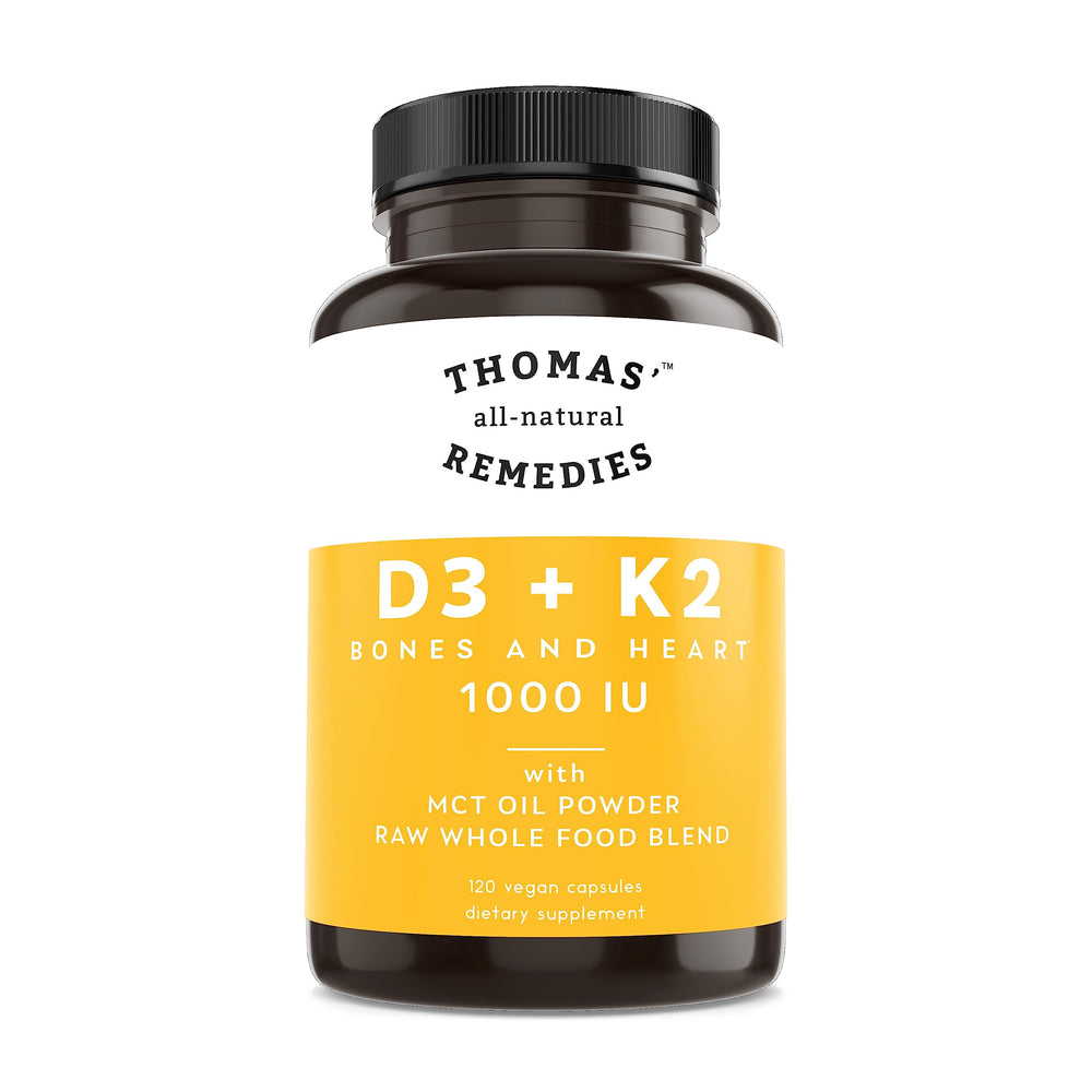 Thomas' all-natural Remedies D3 K2 with MCT bottle close-up, showing a premium supplement for bone health