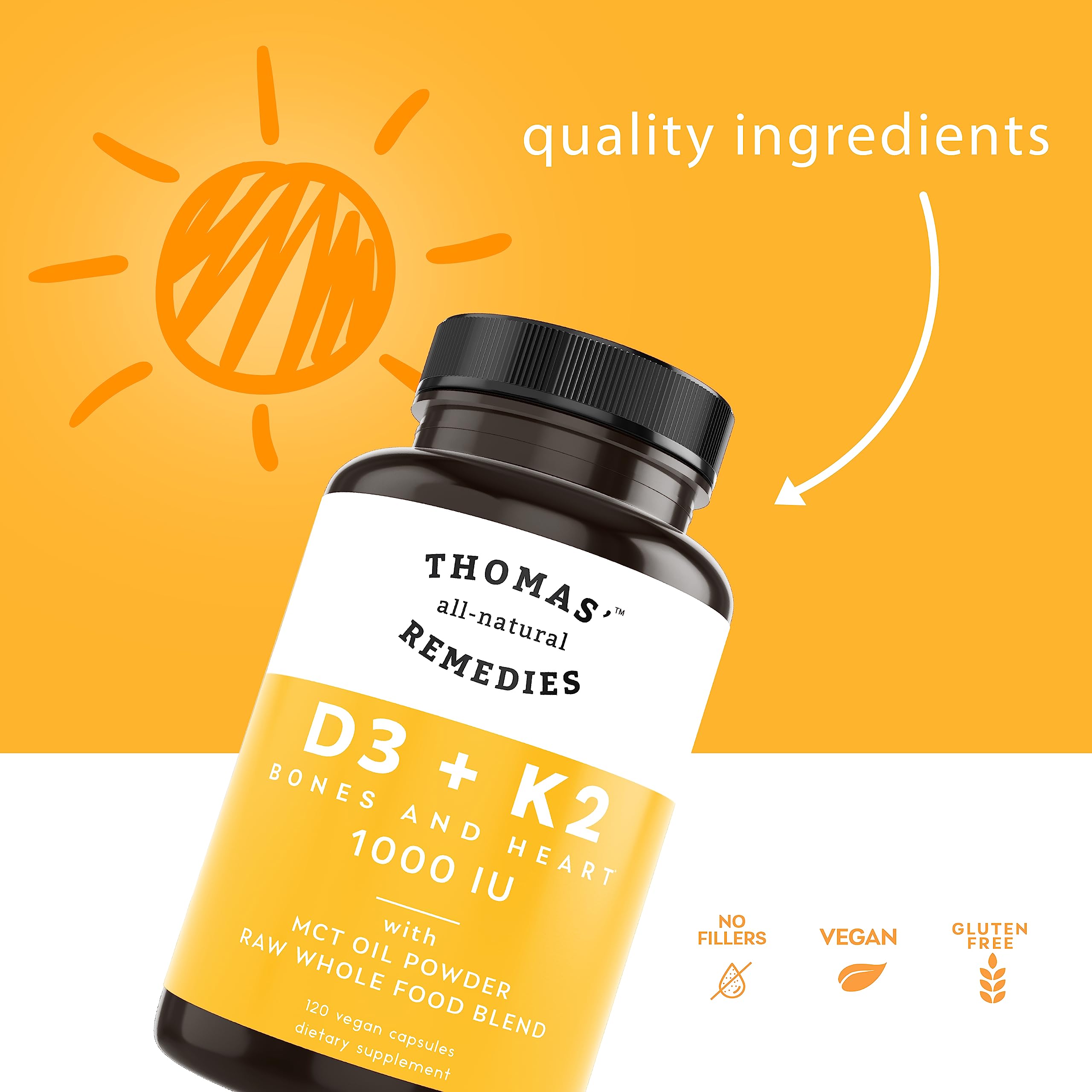 Thomas' all-natural Remedies D3 K2 MCT raw blend capsules image highlighting absorption-friendly nutrients
