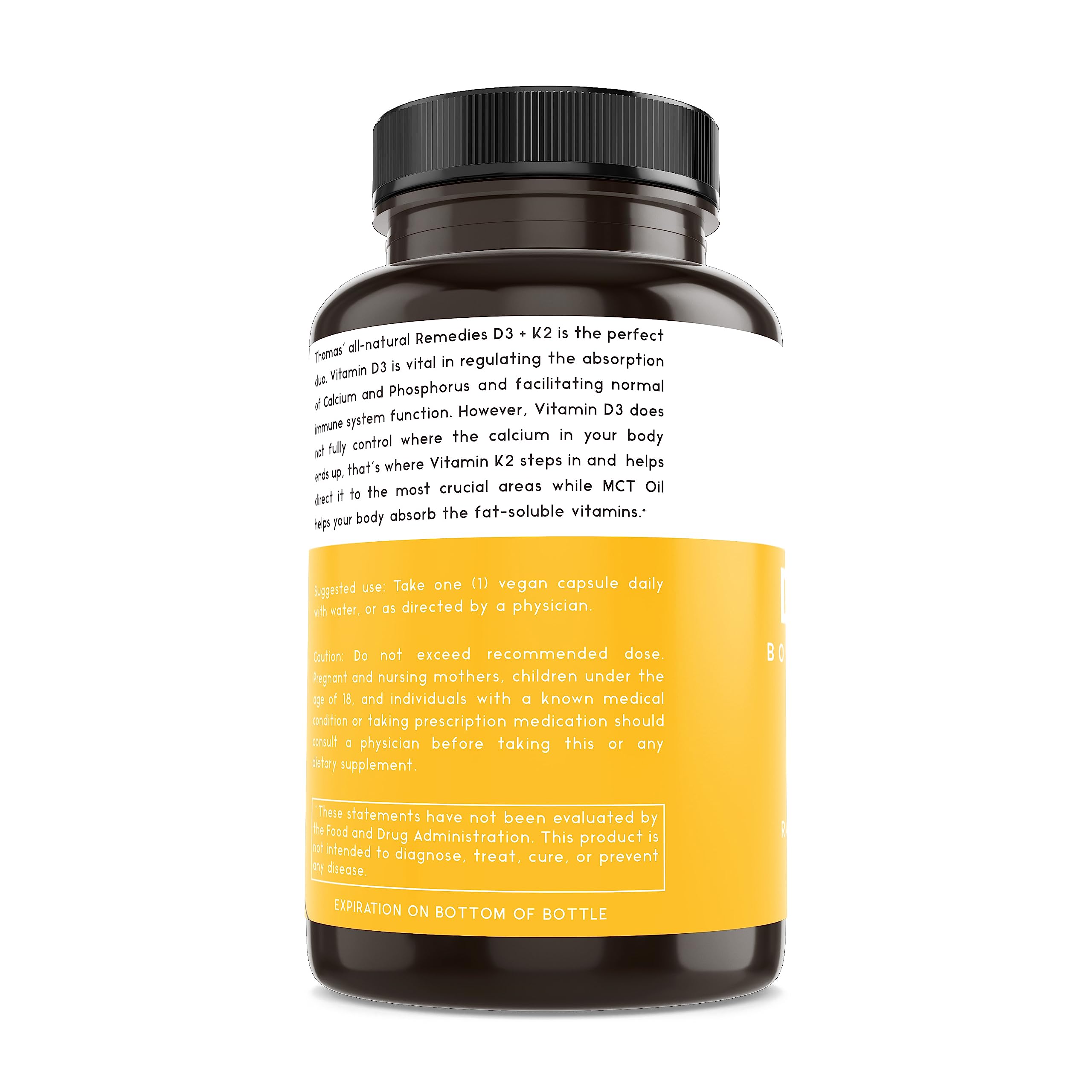Thomas' all-natural Remedies D3 K2 MCT blend with 125% DV daily value suggesting robust daily support