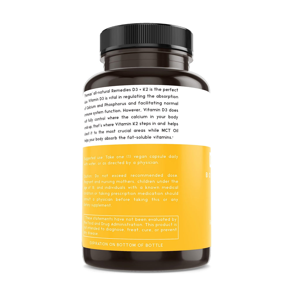 Thomas' all-natural Remedies D3 K2 MCT blend with 125% DV daily value suggesting robust daily support