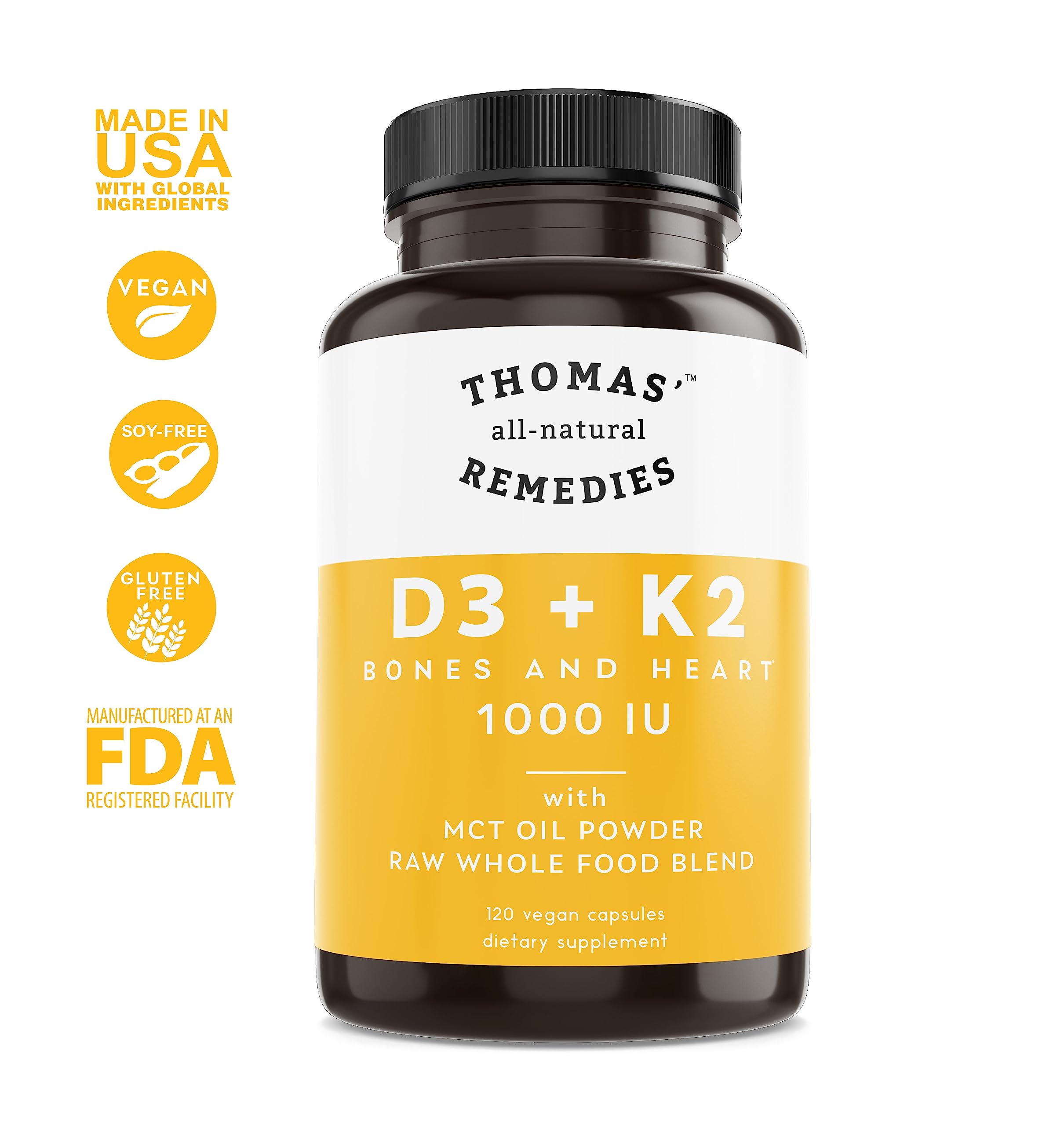 Thomas' all-natural Remedies D3 K2 vegan supplement image emphasizing non-GMO and USA-made quality