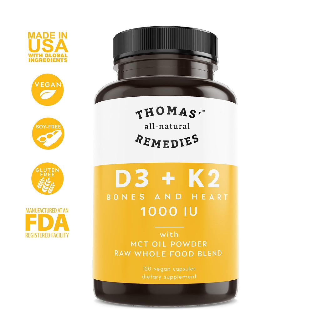 Thomas' all-natural Remedies D3 K2 vegan supplement image emphasizing non-GMO and USA-made quality