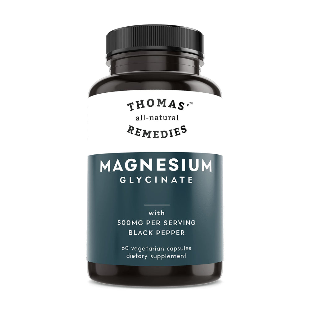 Thomas' all-natural Remedies magnesium glycinate bottle highlights high absorption formula for muscle and bone support.