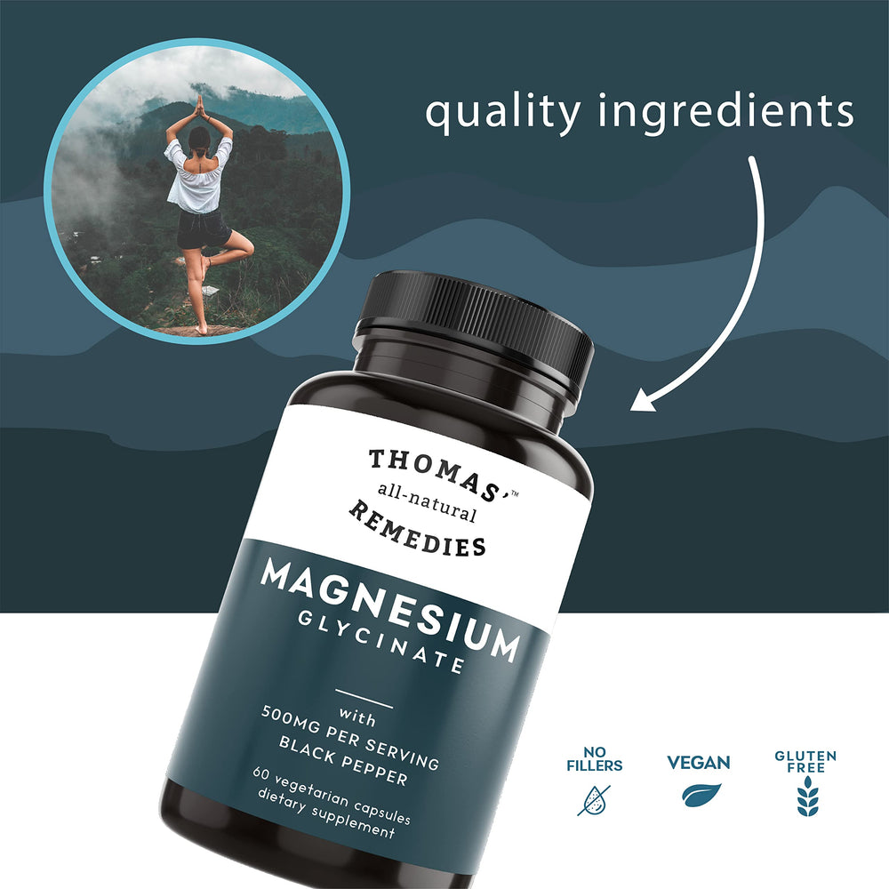 Thomas' all-natural Remedies magnesium glycinate capsules showcase vegan, non-GMO magnesium with gentle digestion.