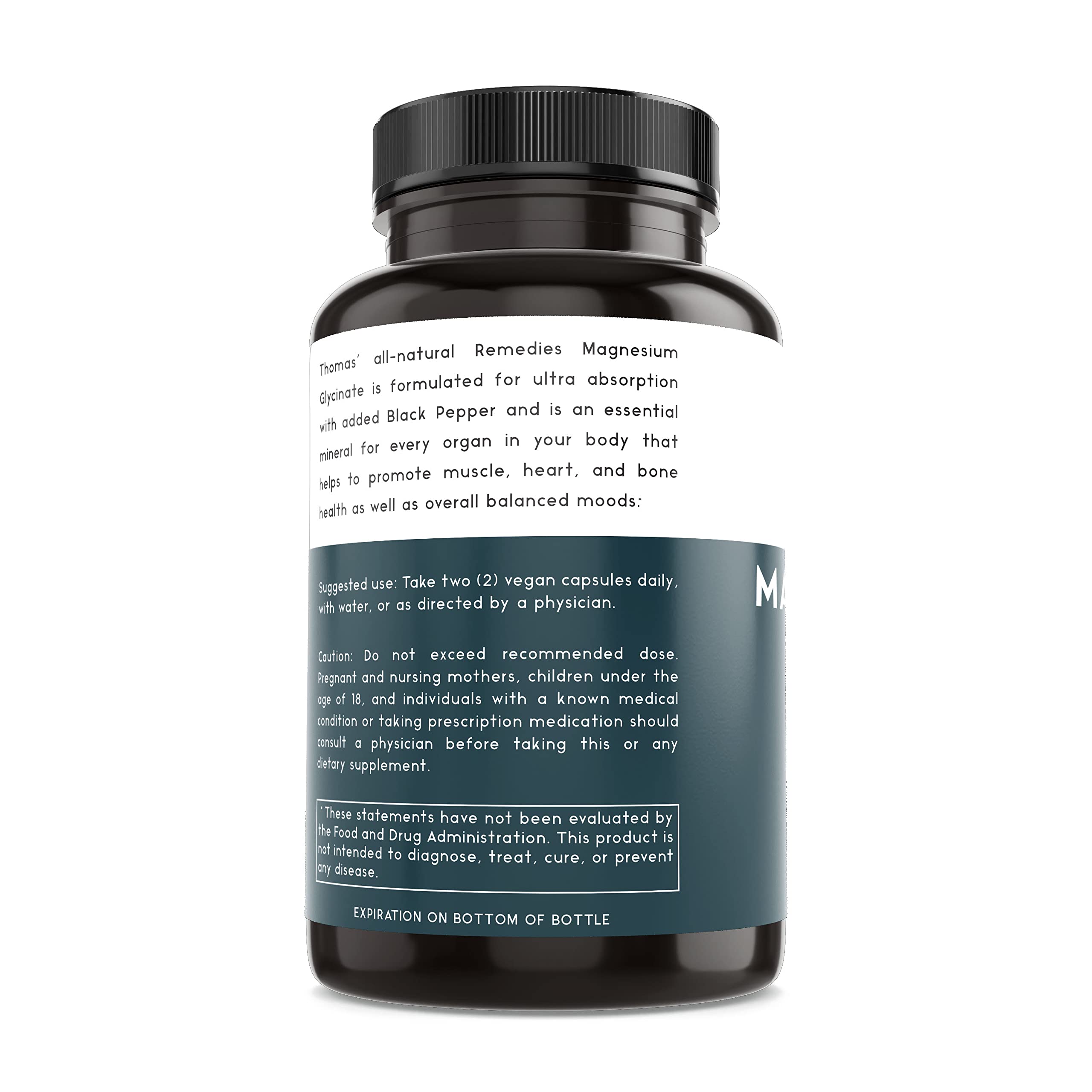 Thomas' all-natural Remedies magnesium glycinate vegan capsules ready for convenient supplementation.