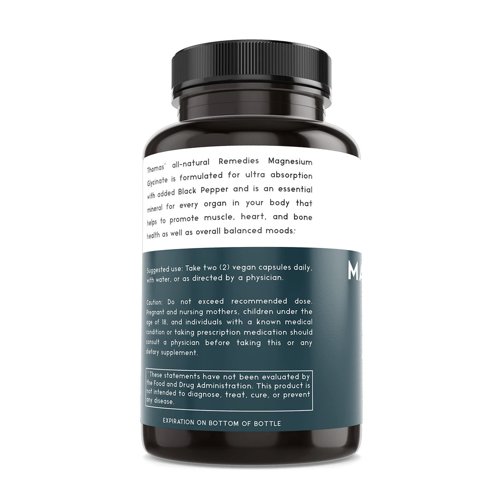 Thomas' all-natural Remedies magnesium glycinate vegan capsules ready for convenient supplementation.