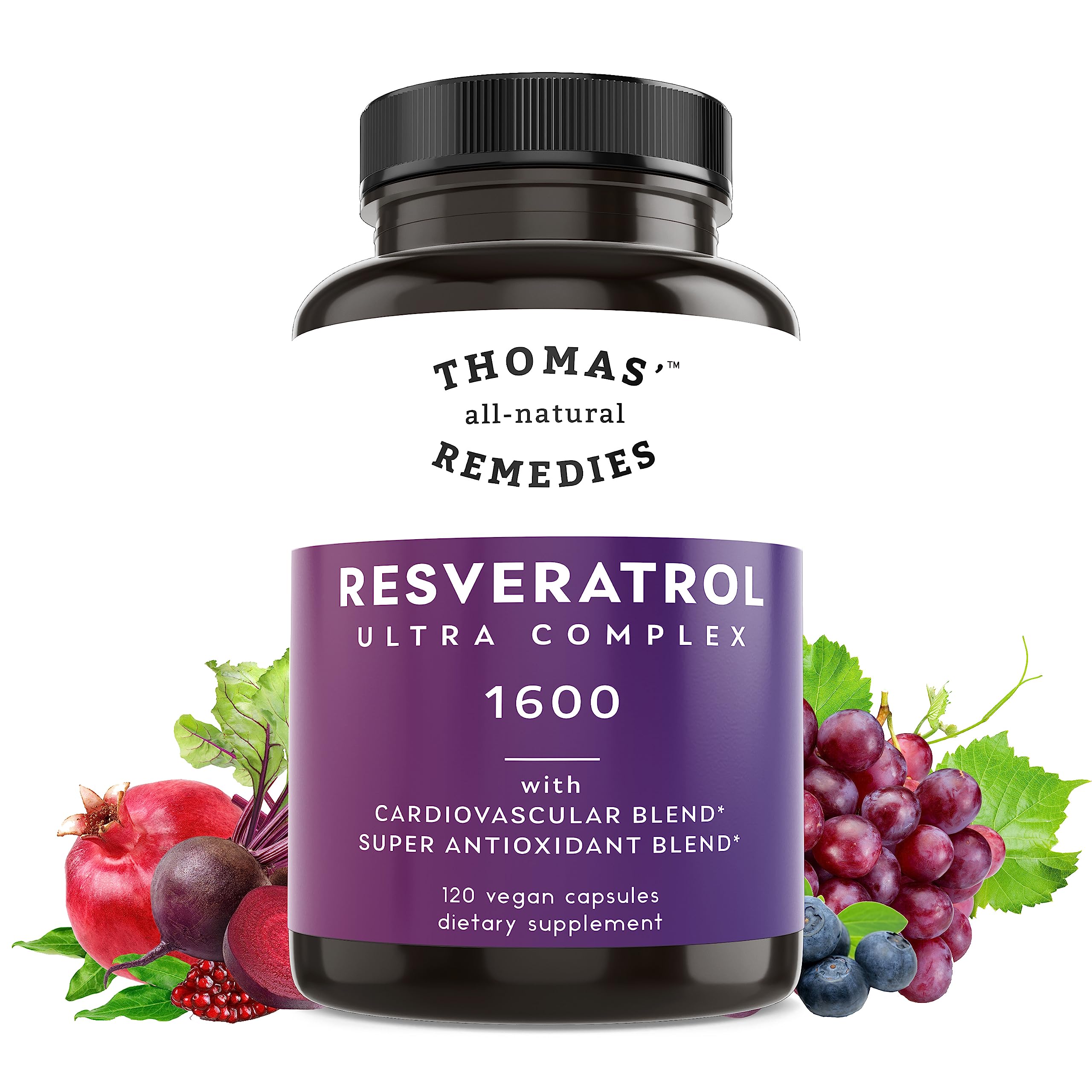 Thomas' Remedies Resveratrol bottle close-up showing the label details