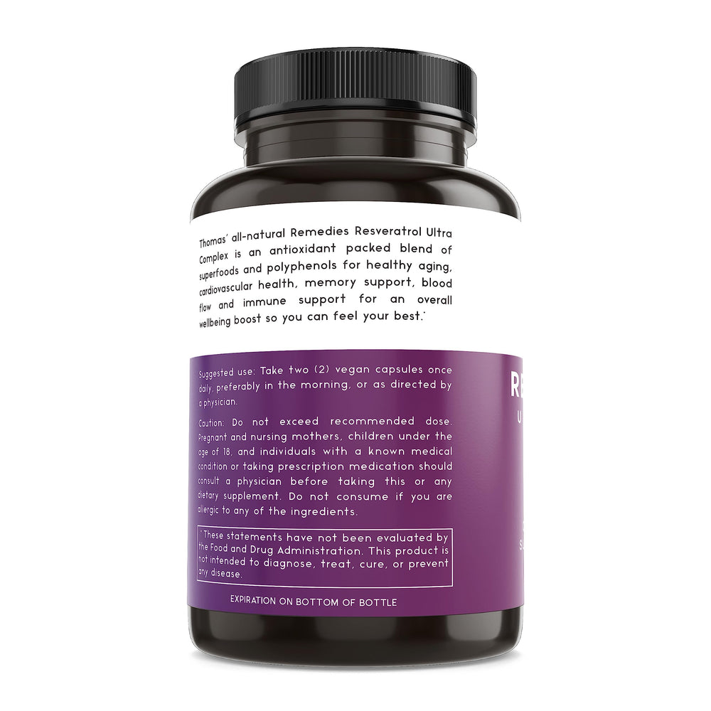 Thomas' Remedies Resveratrol packaging display with ingredients and dosage info