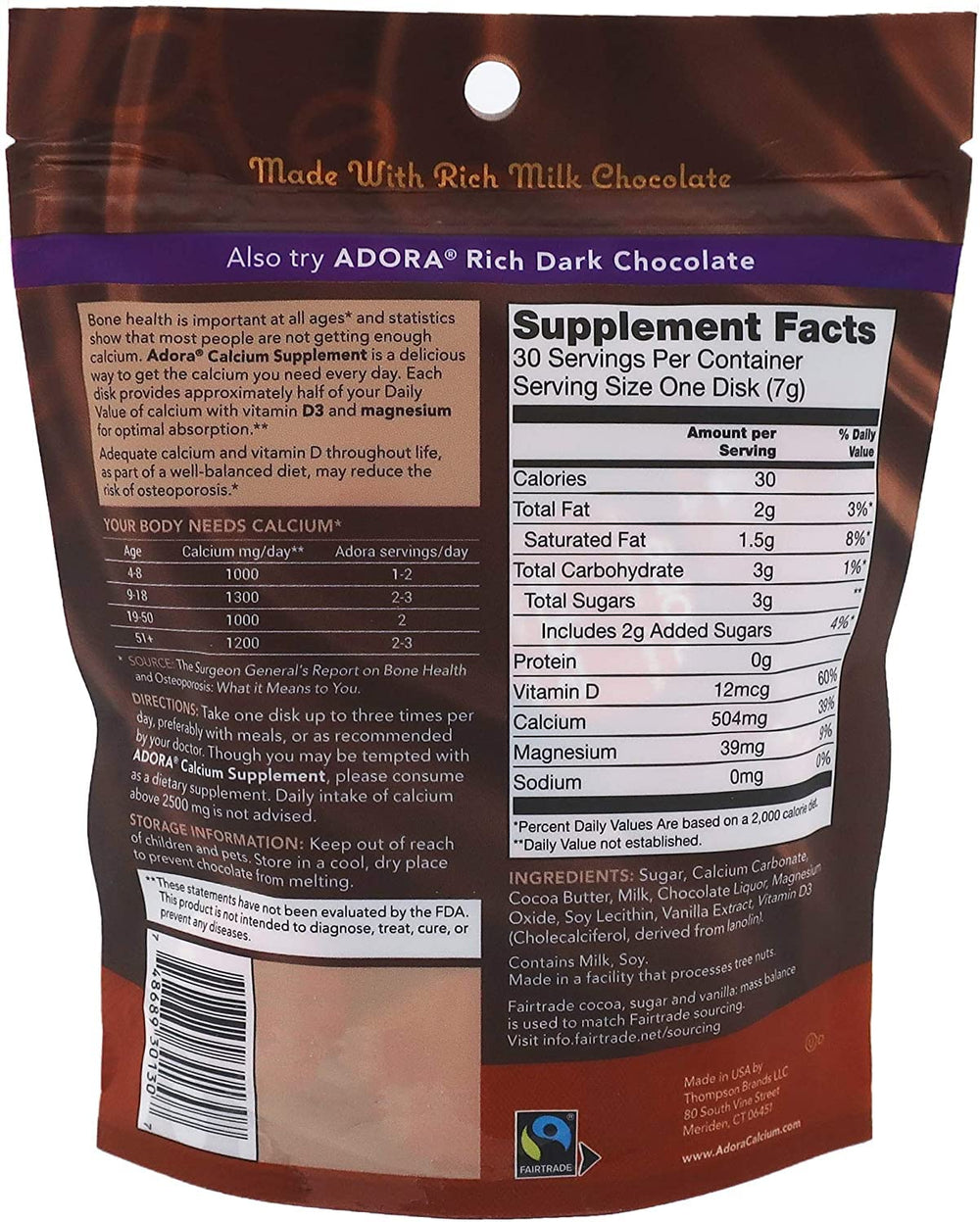 Thompson Adora Premium packaging displaying gluten-free and all-natural chocolate.