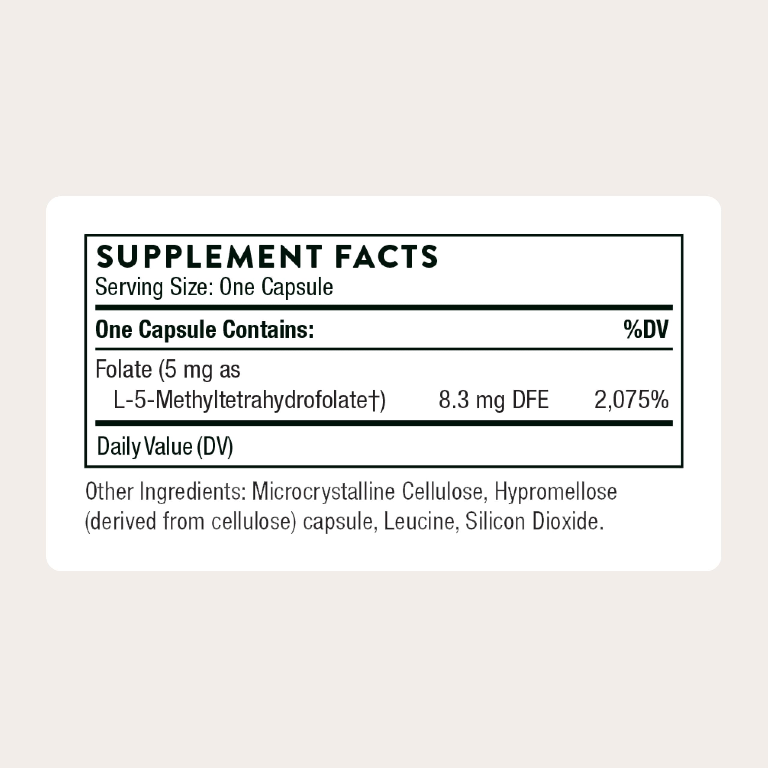 THORNE 5-MTHF bottle label close-up highlighting bioactive folate for cardiovascular support.